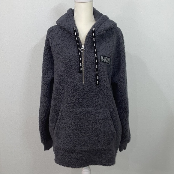 PINK Victoria's Secret Tops - PINK Victoria’s Secret Gray Sherpa Hoodie Sweater